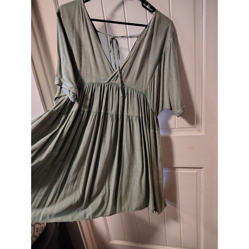 Women's Green V-Neck Pleated Tie Short Sleeve Tunic Blouse Cotton Regular Fit